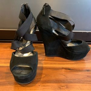 Black Suede Strappy Platform Wedges